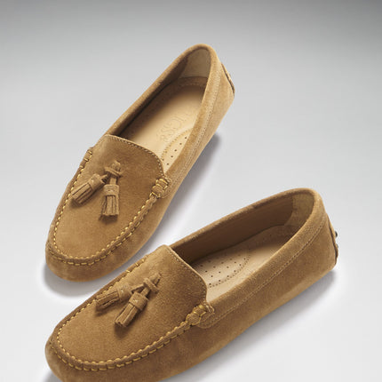 Women's Tasselled Driving Loafers, Tobacco Suede