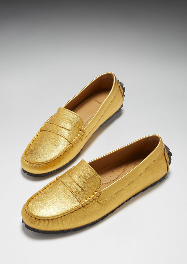 Women's Tyre Sole Penny Loafers, Yellow Gold Leather