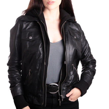Hooded Bomber Womens Leather Jacket