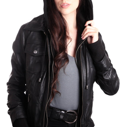 Hooded Bomber Womens Leather Jacket