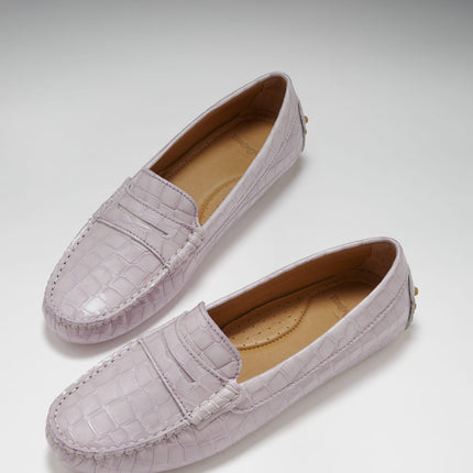 Women's Penny Driving Loafers, Lilac Croc Print Patent Leather