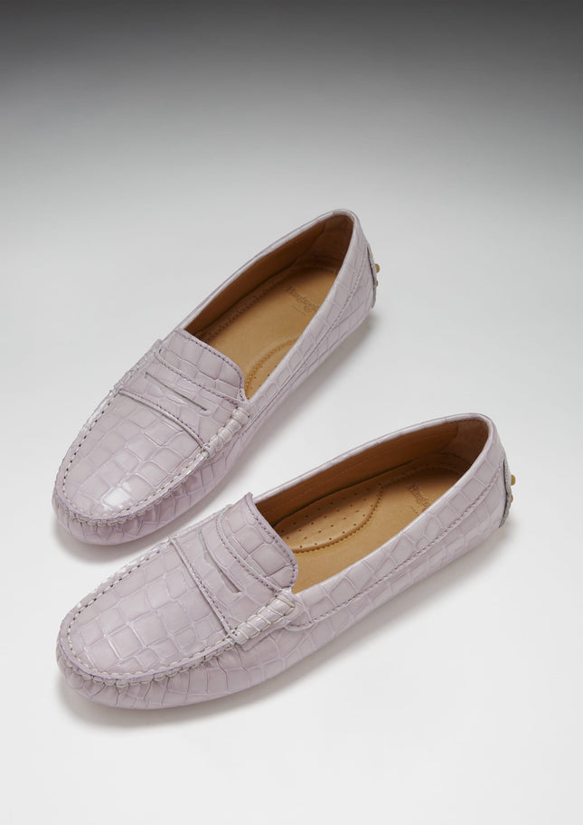 Women's Penny Driving Loafers, Lilac Croc Print Patent Leather