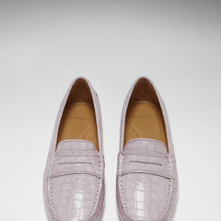 Women's Penny Driving Loafers, Lilac Croc Print Patent Leather