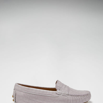 Women's Penny Driving Loafers, Lilac Croc Print Patent Leather
