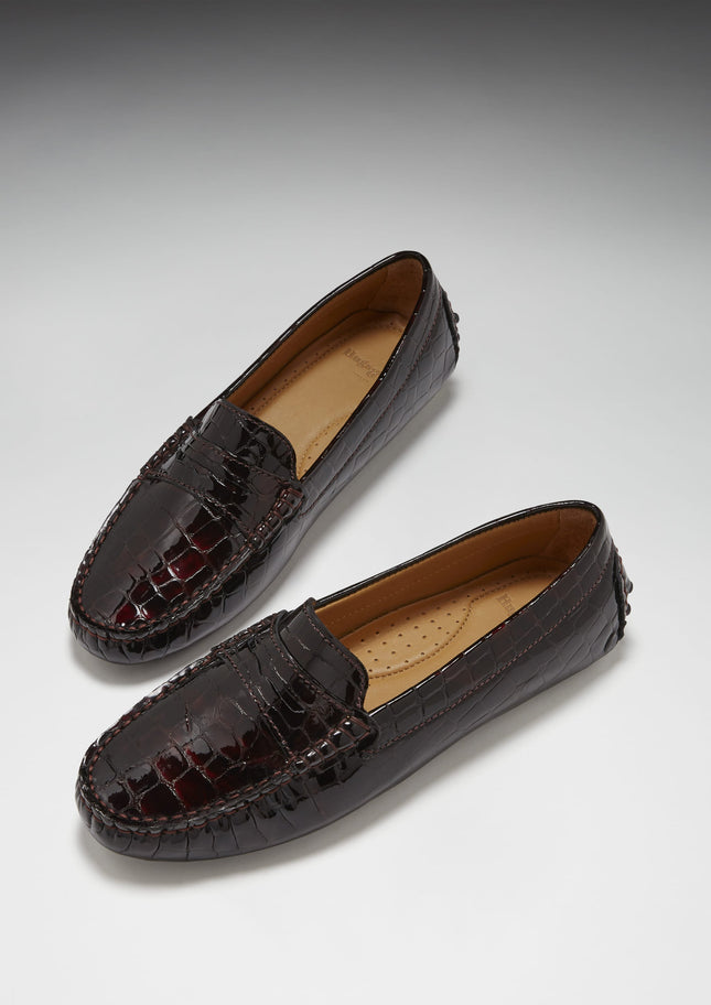 Women's Penny Driving Loafers, Brown Croc Print Patent Leather