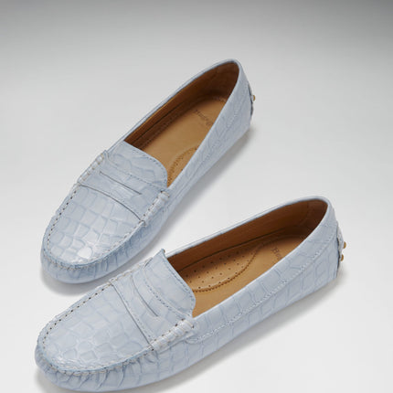 Women's Penny Driving Loafers, Powder Blue Print Patent Leather