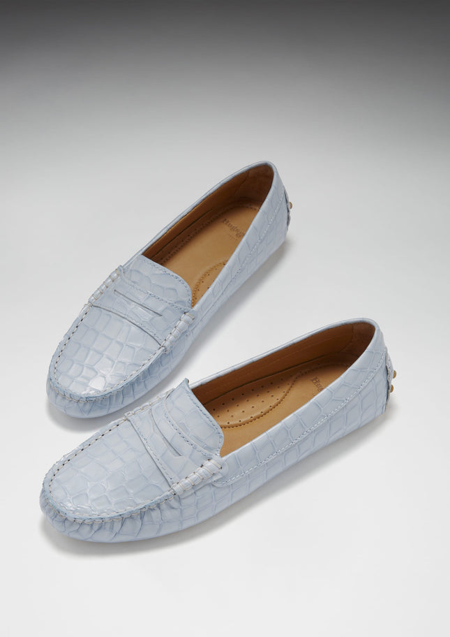 Women's Penny Driving Loafers, Powder Blue Print Patent Leather