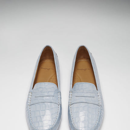 Women's Penny Driving Loafers, Powder Blue Print Patent Leather
