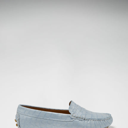 Women's Penny Driving Loafers, Powder Blue Print Patent Leather