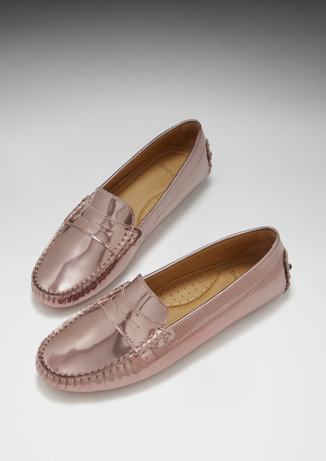 Women's Penny Driving Loafers, Rose Gold Patent Leather