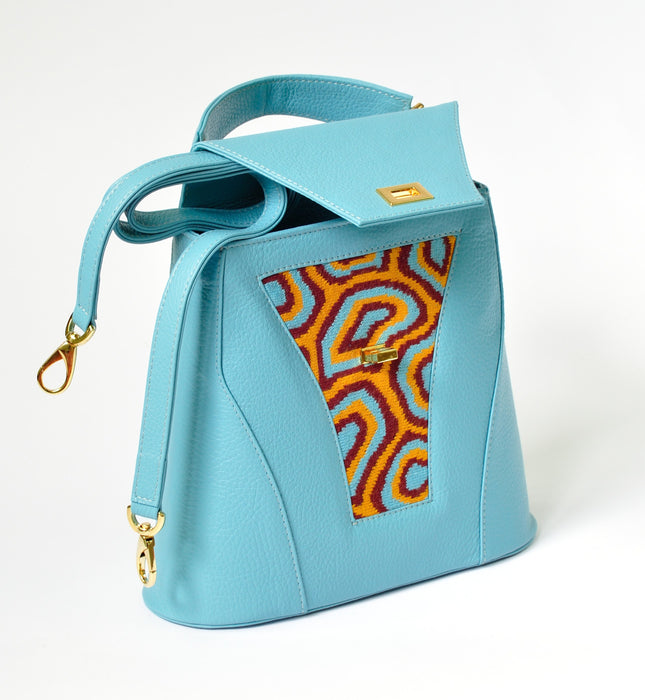 TATI BODUCH Designer Handbag, AGATE Collection, Genuine Leather: Turquise, Knitwear: Turquise