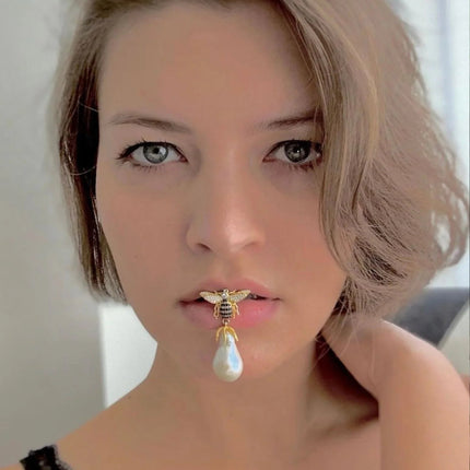 Baroque Pearl Honey Bee Drop Earrings Gold