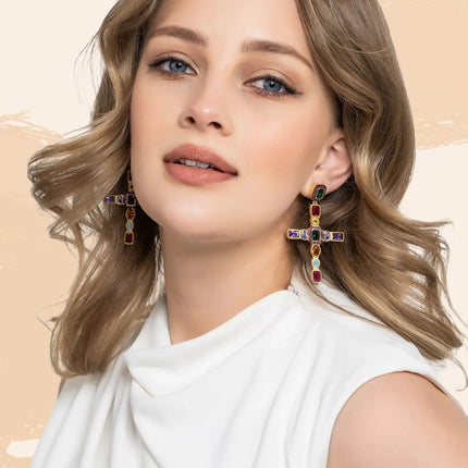 Maria Extra Large Gemstone Fashion Earrings Gold (Cross)