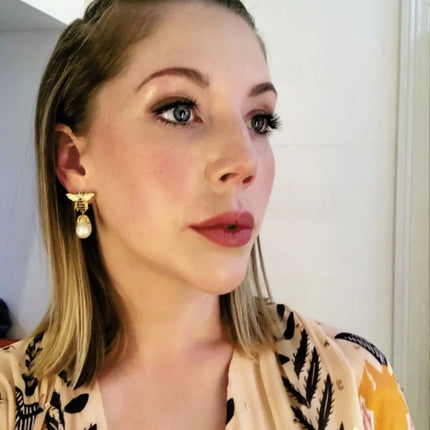 Baroque Pearl Honey Bee Drop Earrings Gold