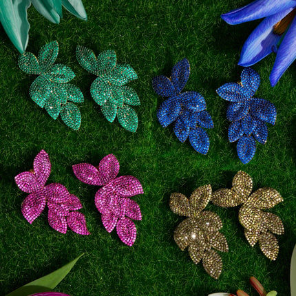 Petal Cascading Flower Earrings Gold Emerald Green
