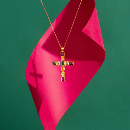 Maria Extra Large Gemstone Fashion Pendant Gold (Cross)