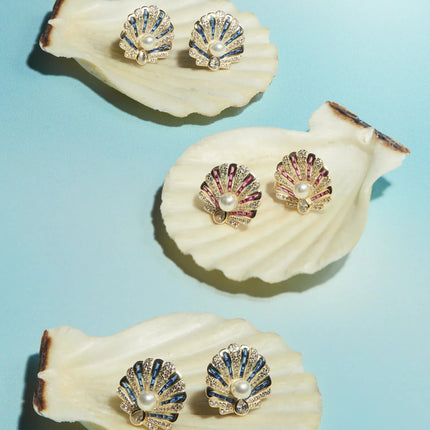 Art Deco Scallop Shell Earrings Sapphire Blue With Pearl Gold
