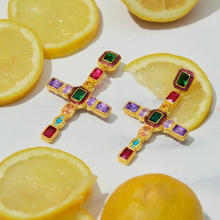 Maria Extra Large Gemstone Fashion Earrings Gold (Cross)