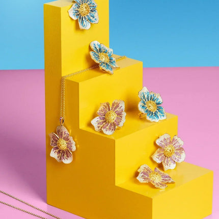 Pansy Flower Blue Ring Gold