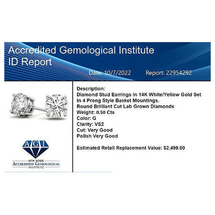 0.50 CTW AGI Certified Lab Grown Diamond (G-Vs)  Stud Earrings in Choice of 14K White or Yellow Gold
